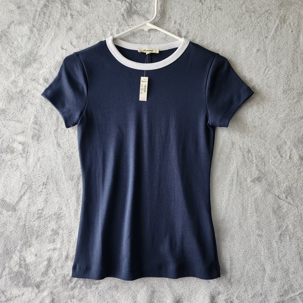 Madewell Tee Shirt Womens Small Navy Blue Ringer Compact Cotton Crewneck 90s